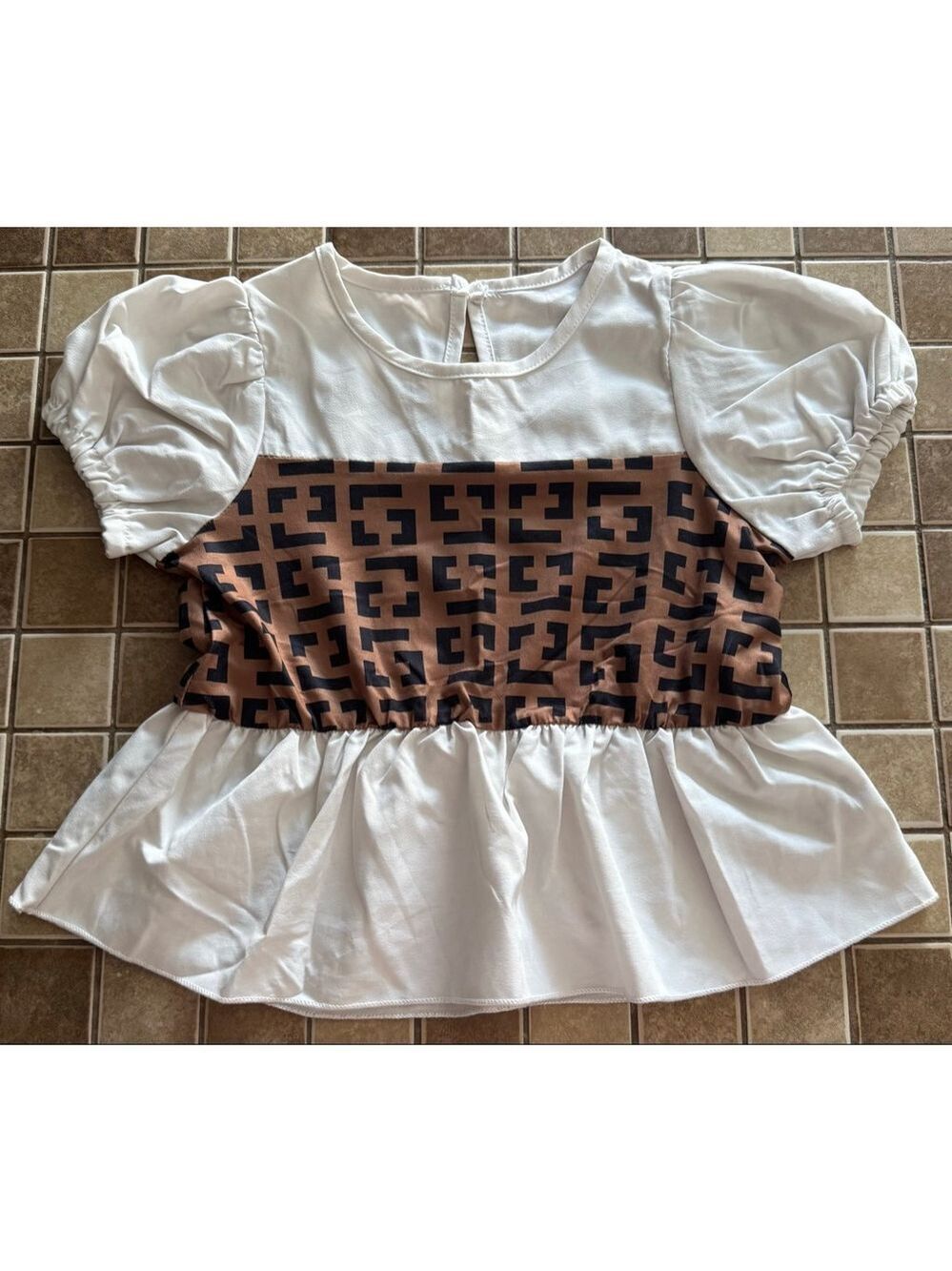 Girls SHEIN Blouse 5 White Brown Geometric Print